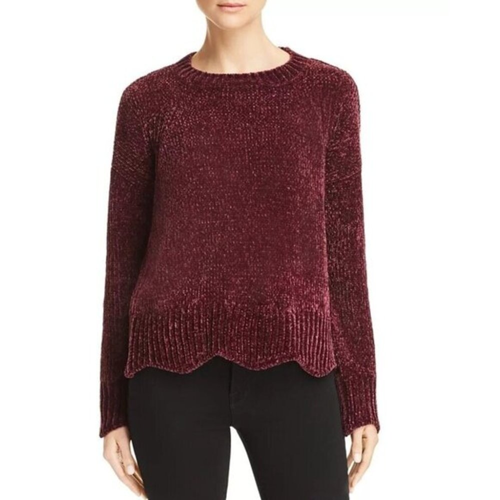Aqua Burgundy Crewneck Chenille Sweater Scalloped Hem SZ S NWT